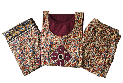 Women kurti with pant and dupatta |Wine kalamkaari sets | Dabuset
