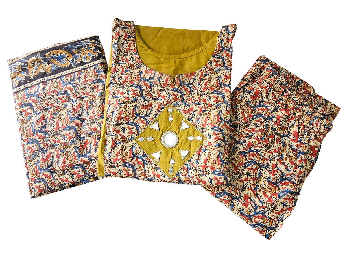 Women kurti with pant and dupatta |Mustard kalamkaari sets | Dabuset