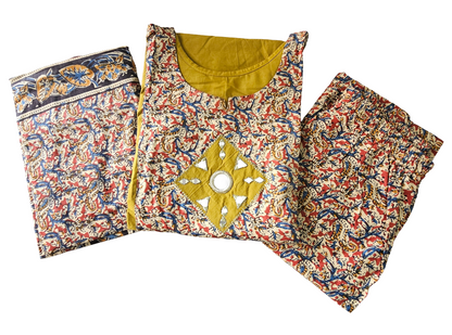 Women kurti with pant and dupatta |Mustard kalamkaari sets | Dabuset
