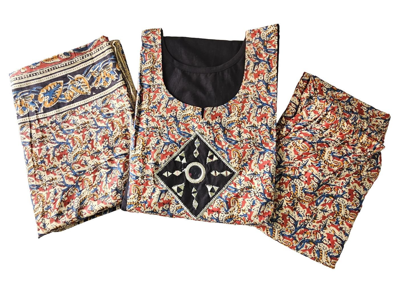 Women kurti with pant and dupatta |Black kalamkaari sets | Dabuset