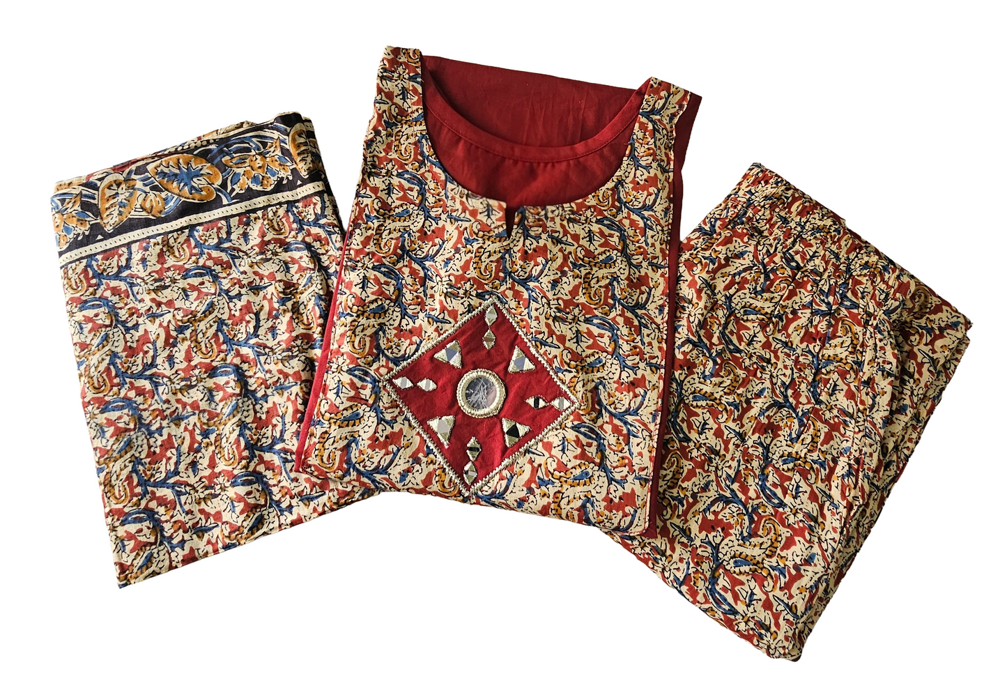 Women kurti with pant and dupatta |Red maroon kalamkaari sets | Dabuset