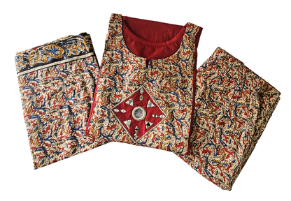 Women kurti with pant and dupatta |Red maroon kalamkaari sets | Dabuset