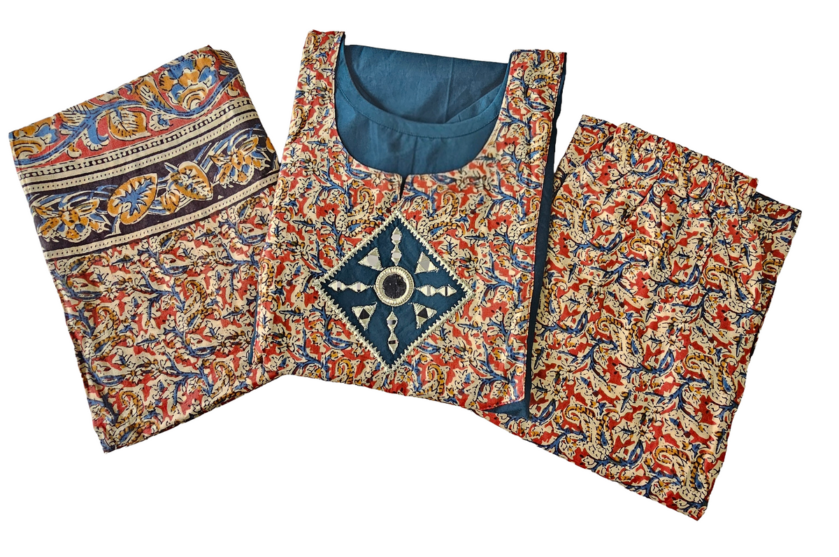 Women kurti with pant and dupatta |Peacock blue kalamkaari sets | Dabuset