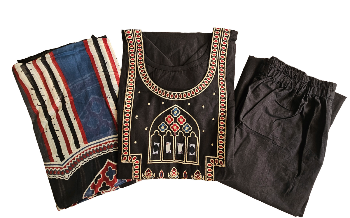 Women embroidery mirror kurti with palazzo pant and dupatta |Black color 3 piece sets | Dabuset