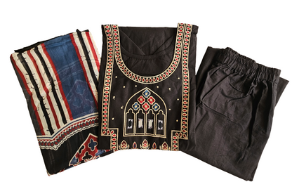 Women embroidery mirror kurti with palazzo pant and dupatta |Black color 3 piece sets | Dabuset