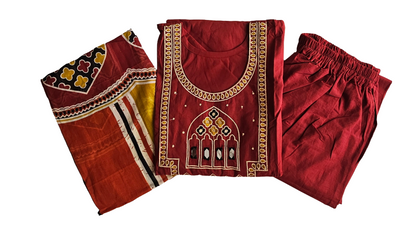 Women embroidery mirror kurti with palazzo pant and dupatta |Red maroon color 3 piece sets | Dabuset|