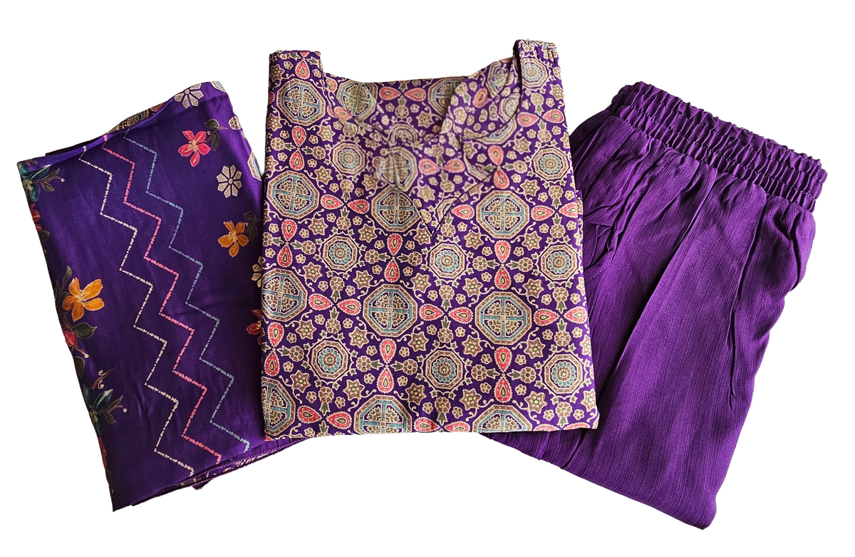 Women ethnic kurti with pant and dupatta |Light purple color ajrakh printed 3 piece sets | Neck Pattern 2 | B4016