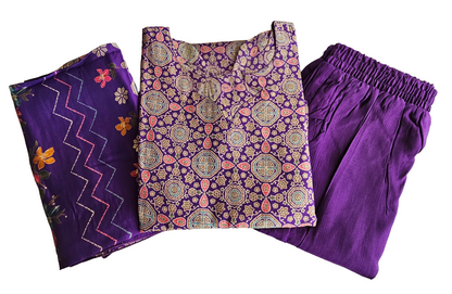 Women ethnic kurti with pant and dupatta |Light purple color ajrakh printed 3 piece sets | Neck Pattern 2 | B4016