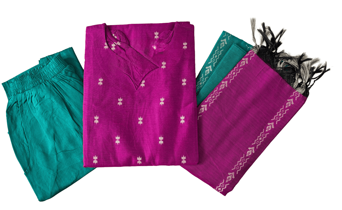 Women kurti with pant and dupatta | Straight cut Majenta with green (Neck pattern 1) l silkcotton