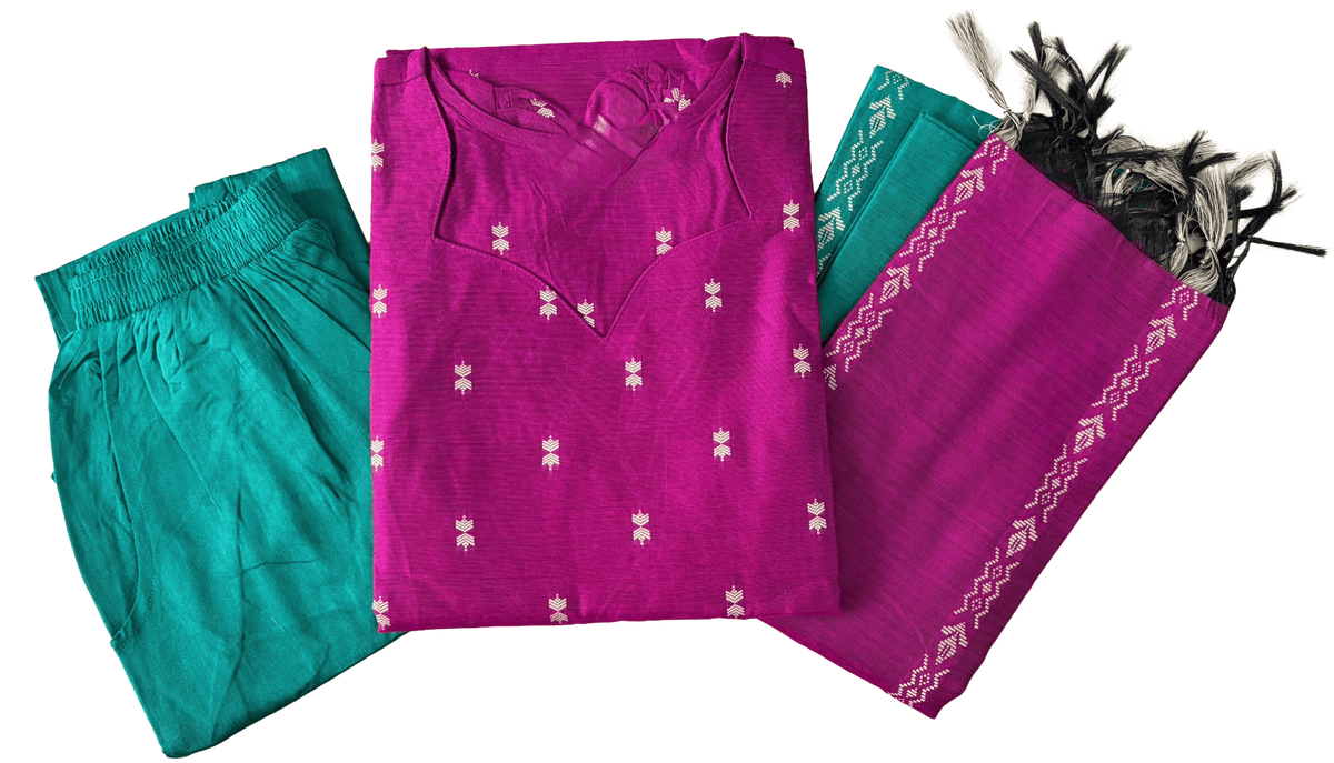 Women kurti with pant and dupatta | Straight cut Majenta with green (Neck pattern 2) l silkcotton