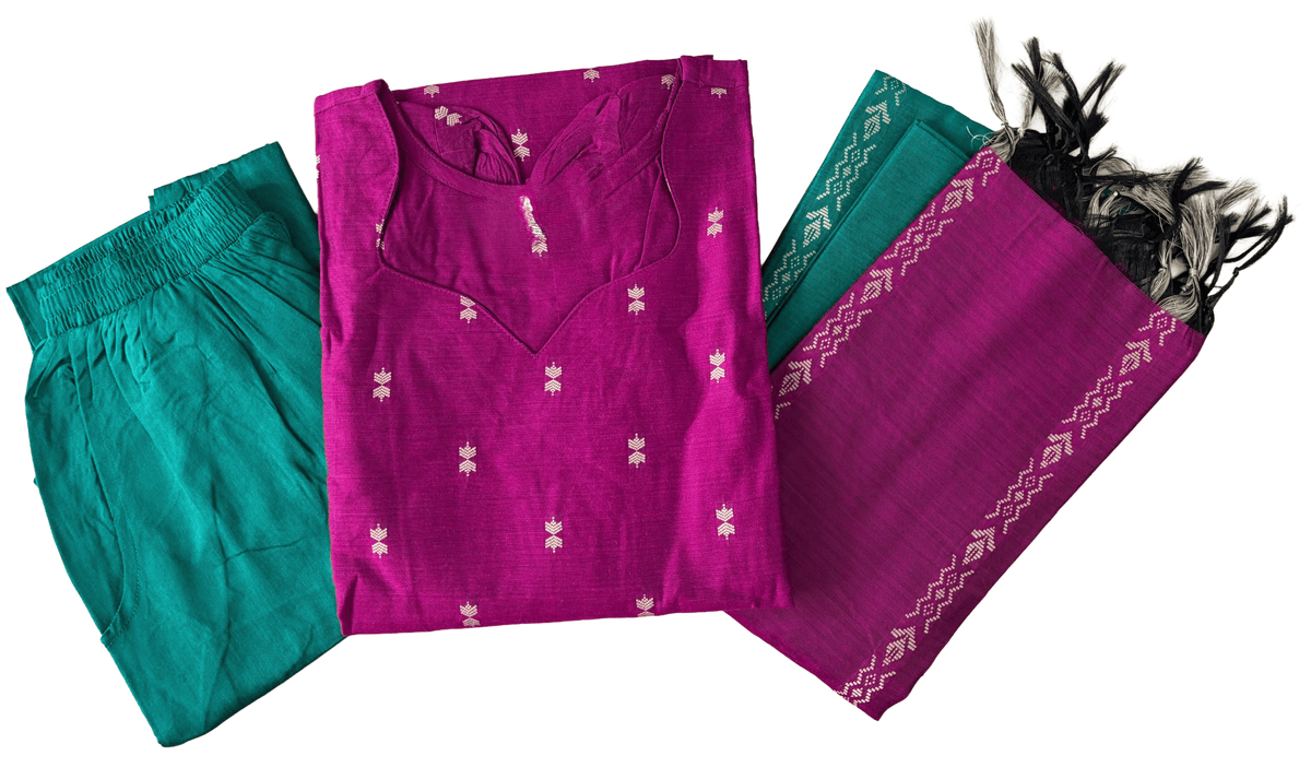 Women kurti with pant and dupatta | Straight cut Majenta with green (Neck pattern 3) l silkcotton
