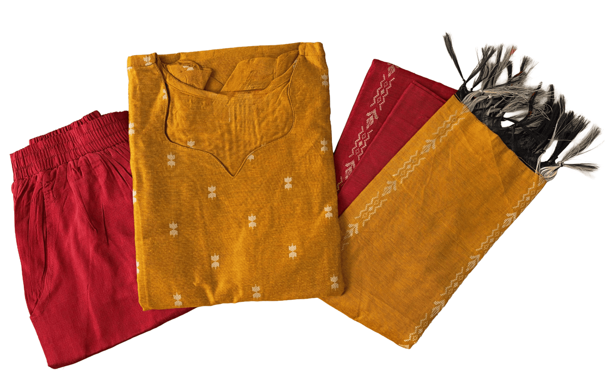 Women kurti with pant and dupatta | Straight cut Mustard with red (Neck pattern 2) l silkcotton