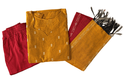 Women kurti with pant and dupatta | Straight cut Mustard with red (Neck pattern 2) l silkcotton