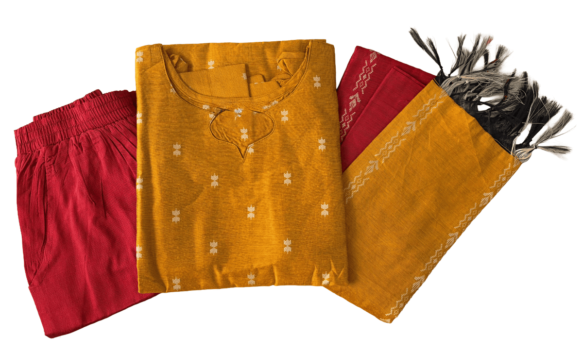 Women kurti with pant and dupatta | Straight cut Mustard with red (Neck pattern 1) l silkcotton
