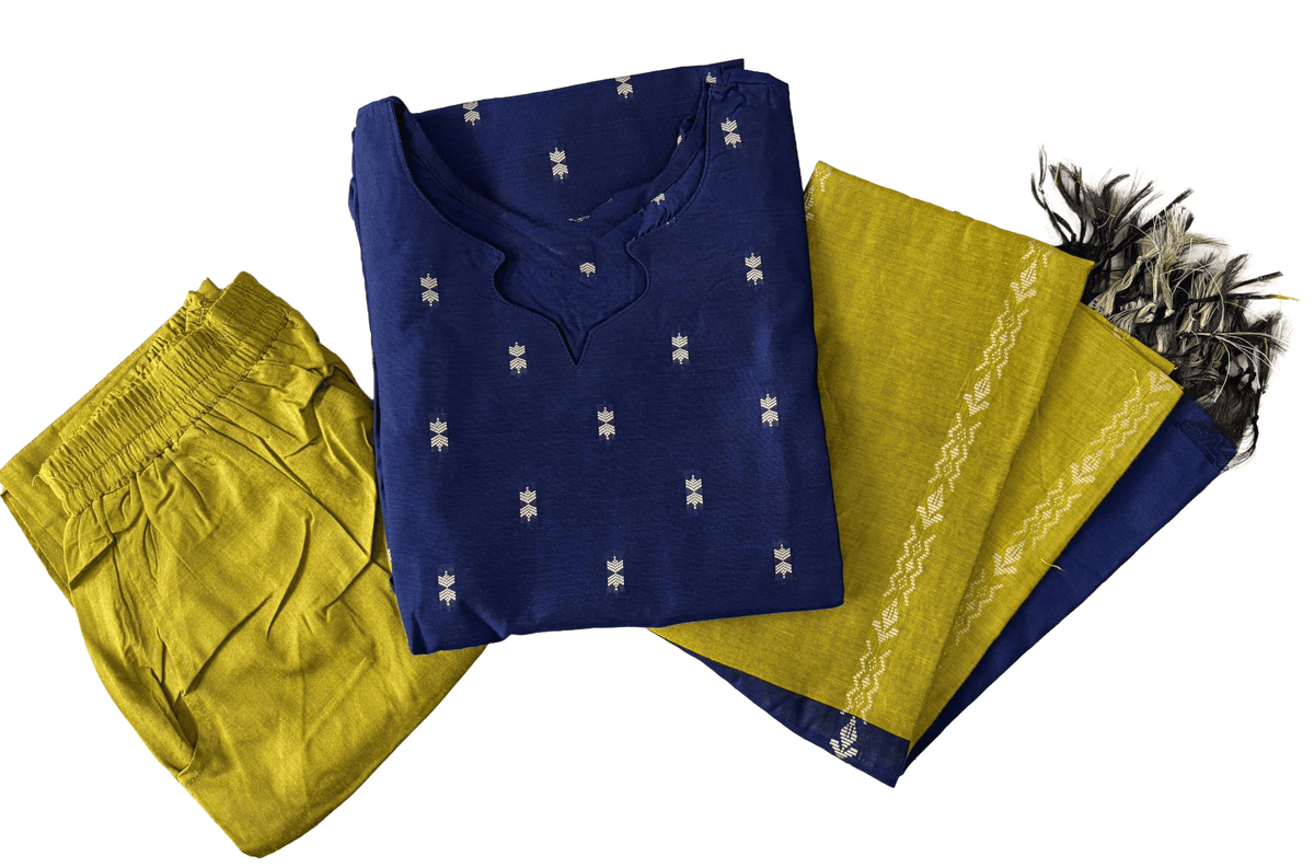 Women kurti with pant and dupatta | Straight cut Navy blue with green (Neck pattern 2) l silkcotton