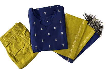 Women kurti with pant and dupatta | Straight cut Navy blue with green (Neck pattern 2) l silkcotton