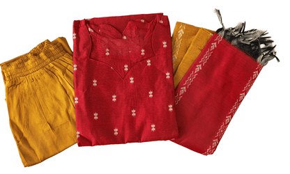 Women kurti with pant and dupatta | Straight cut Red with Mustard (Neck pattern 2) l silkcotton