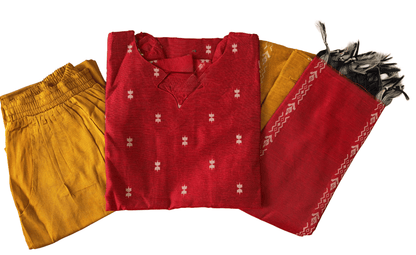 Women kurti with pant and dupatta | Straight cut Red with Mustard (Neck pattern 1) l silkcotton
