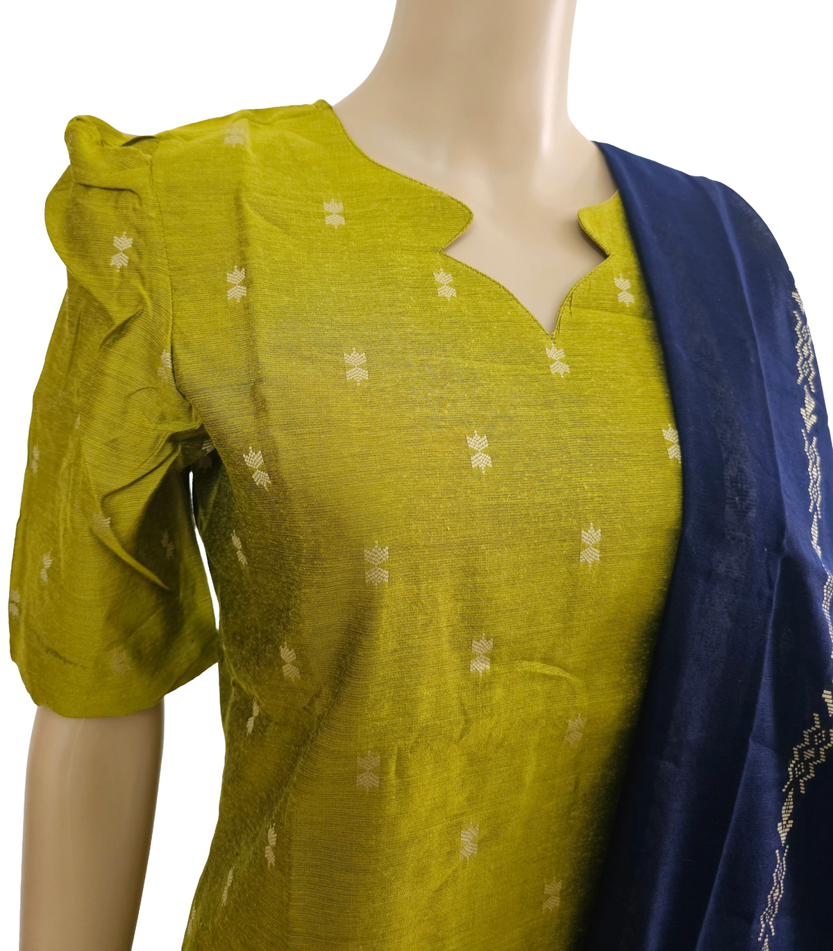 Women kurti with pant and dupatta | Straight cut green with navy blue (Neck pattern 2) l silkcotton