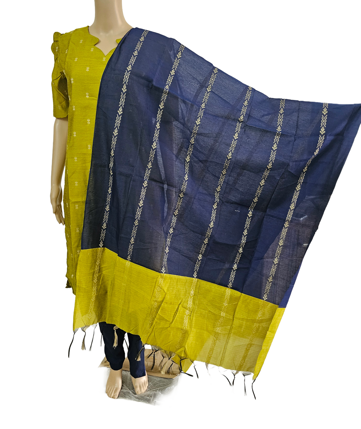 Women kurti with pant and dupatta | Straight cut green with navy blue (Neck pattern 2) l silkcotton
