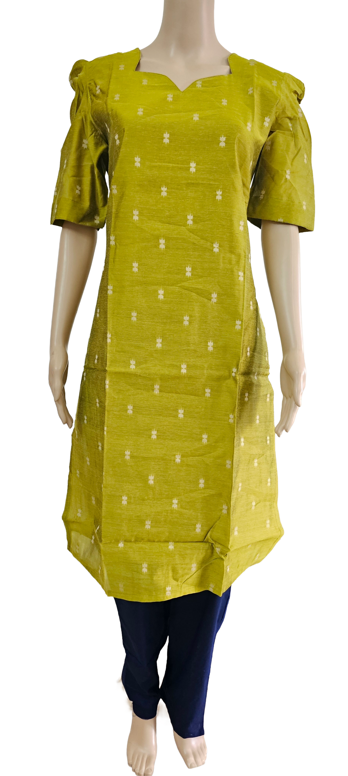 Women kurti with pant and dupatta | Straight cut green with navy blue (Neck pattern 1) l silkcotton