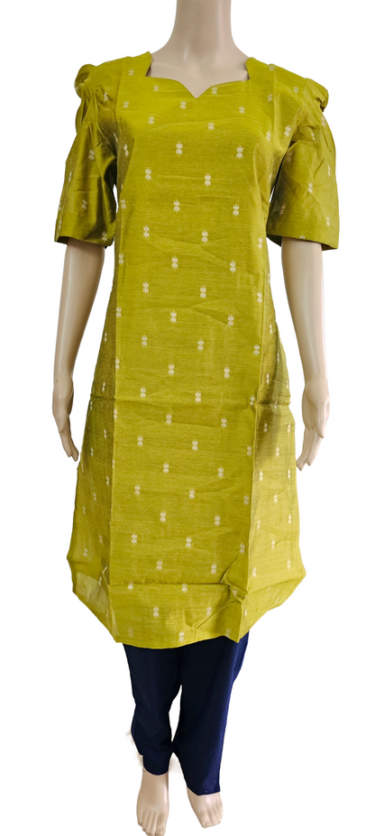 Women kurti with pant and dupatta | Straight cut green with navy blue (Neck pattern 1) l silkcotton