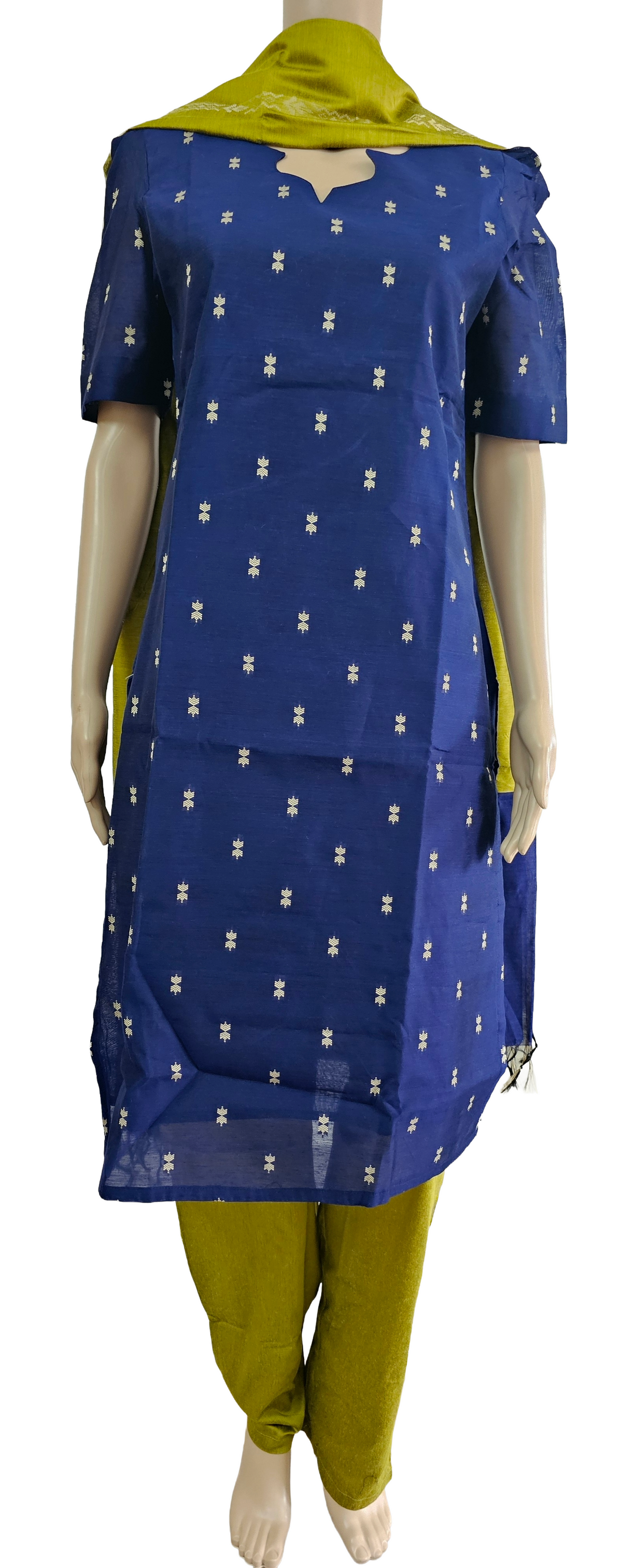 Women kurti with pant and dupatta | Straight cut Navy blue with green (Neck pattern 2) l silkcotton