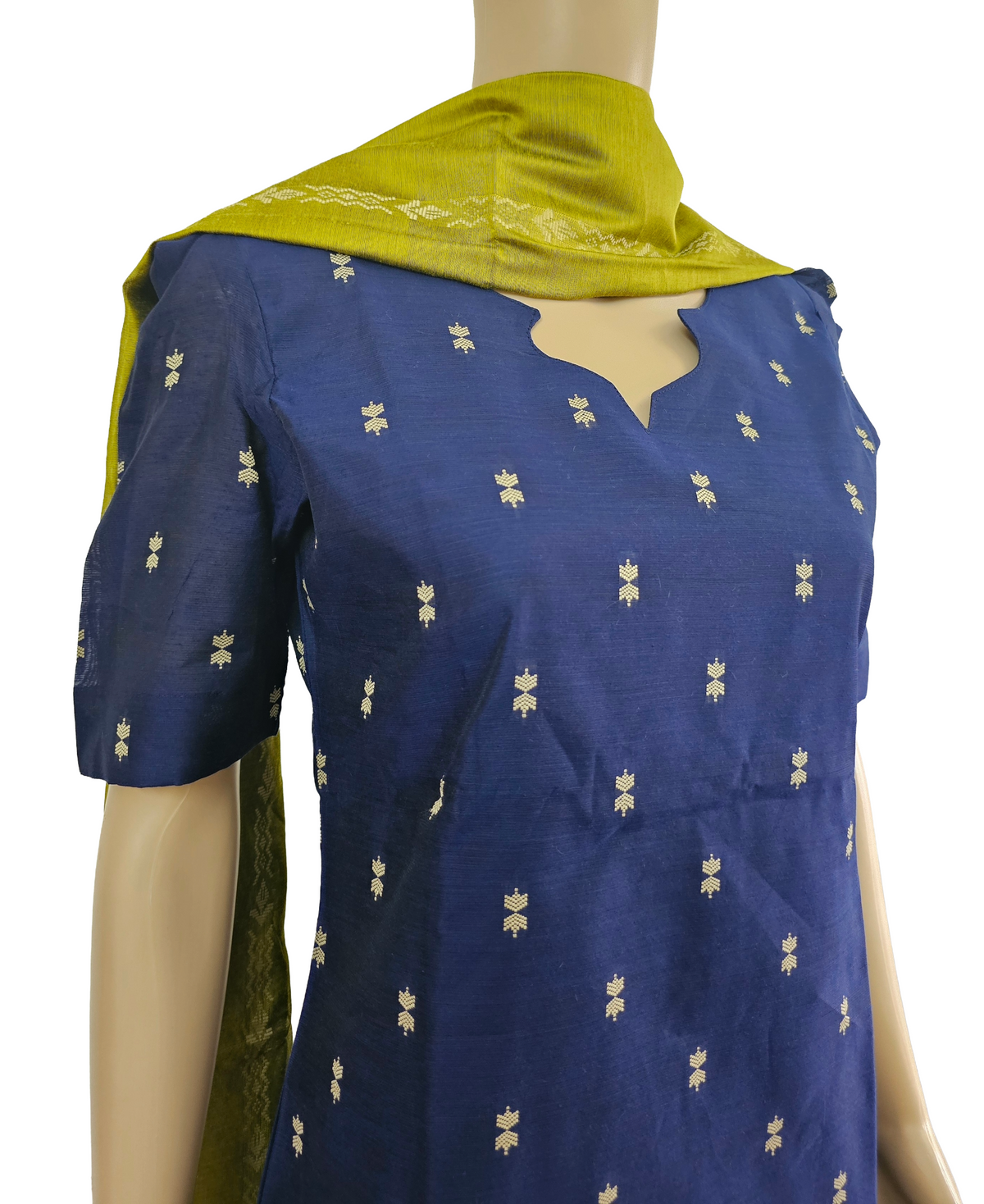 Women kurti with pant and dupatta | Straight cut Navy blue with green (Neck pattern 2) l silkcotton