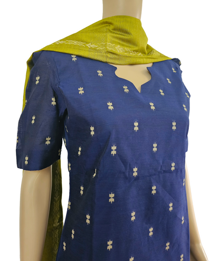 Women kurti with pant and dupatta | Straight cut Navy blue with green (Neck pattern 2) l silkcotton