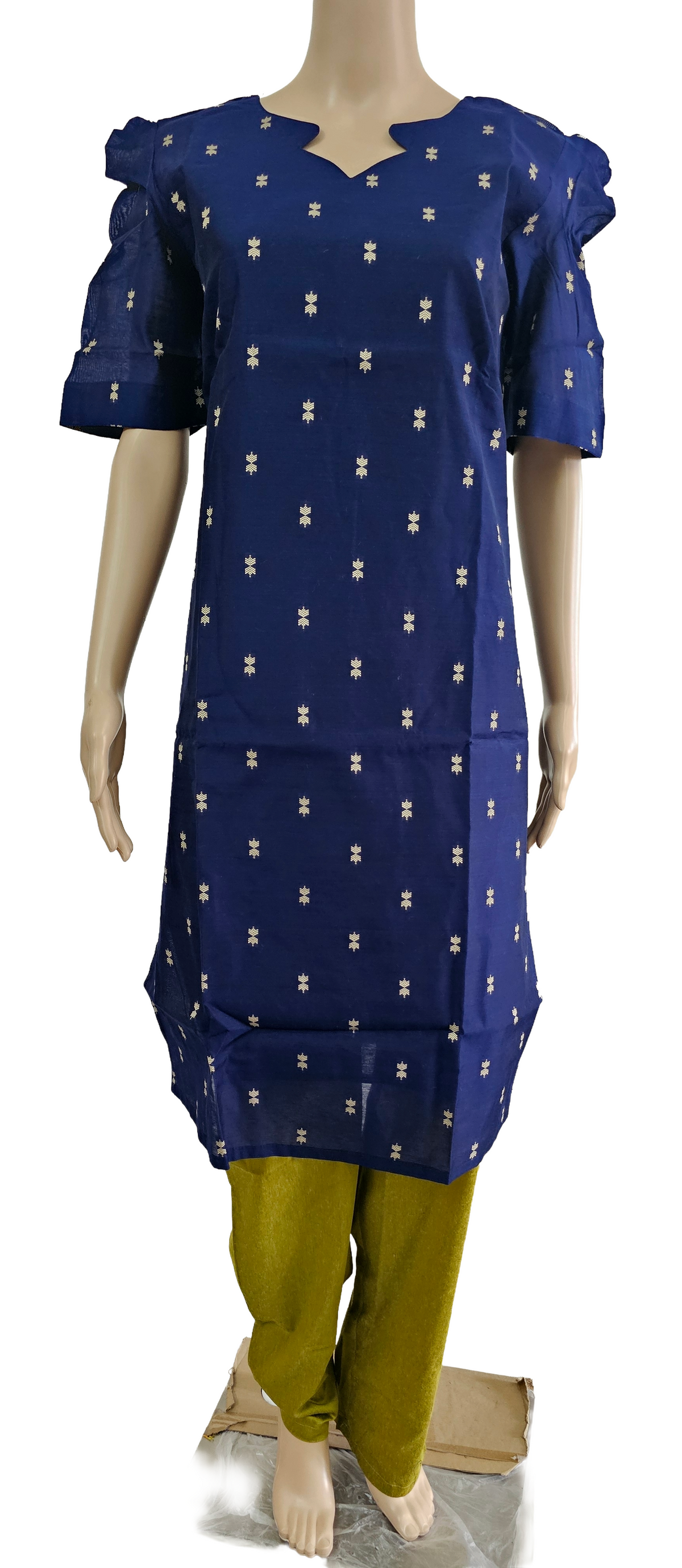 Women kurti with pant and dupatta | Straight cut Navy blue with green (Neck pattern 2) l silkcotton
