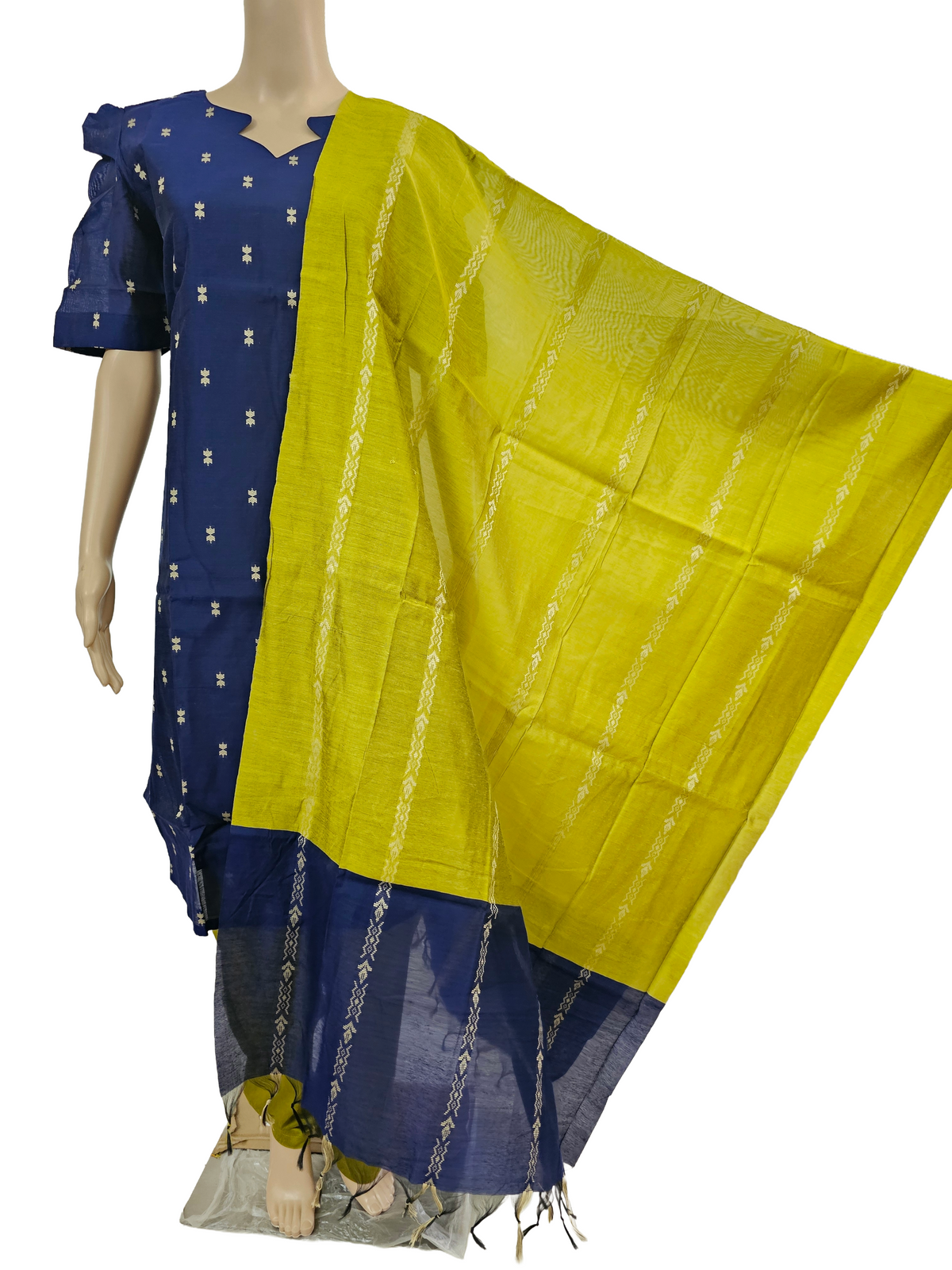 Women kurti with pant and dupatta | Straight cut Navy blue with green (Neck pattern 2) l silkcotton