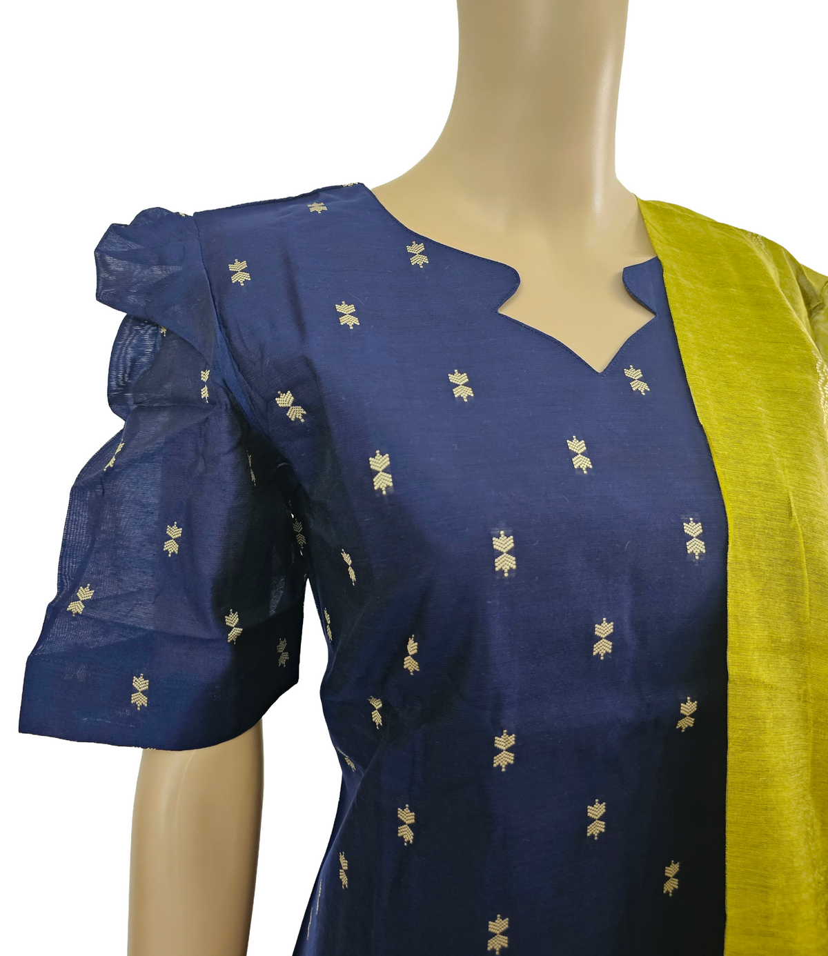 Women kurti with pant and dupatta | Straight cut Navy blue with green (Neck pattern 3) l silkcotton