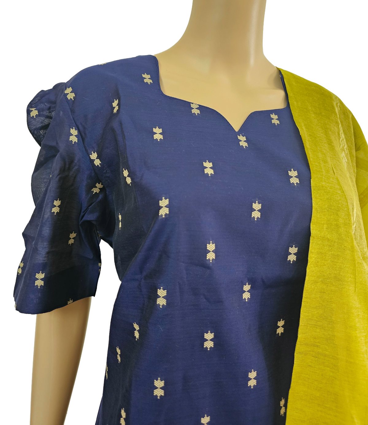 Women kurti with pant and dupatta | Straight cut Navy blue with green (Neck pattern 1) l silkcotton