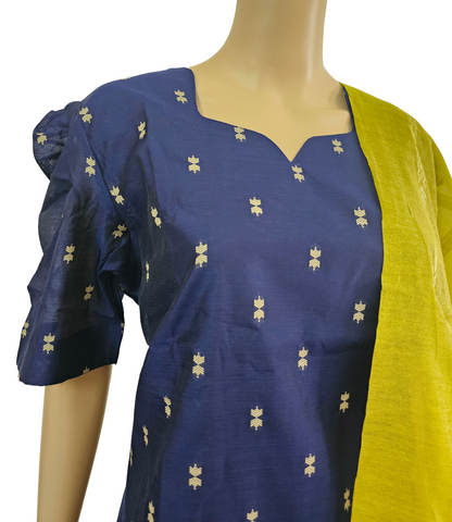 Women kurti with pant and dupatta | Straight cut Navy blue with green (Neck pattern 1) l silkcotton