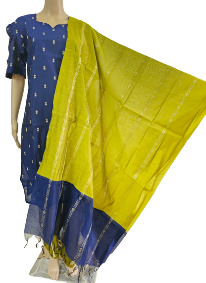 Women kurti with pant and dupatta | Straight cut Navy blue with green (Neck pattern 1) l silkcotton