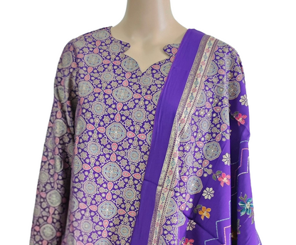 Women ethnic kurti with pant and dupatta |Light purple color ajrakh printed 3 piece sets | Neck Pattern 2 | B4016