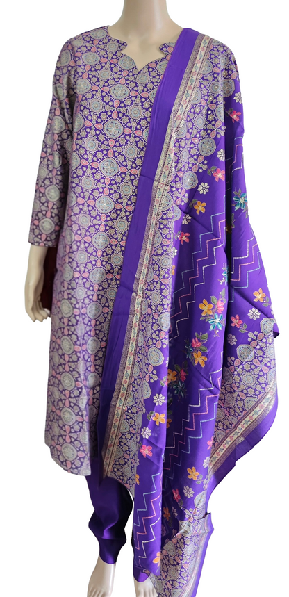 Women ethnic kurti with pant and dupatta |Light purple color ajrakh printed 3 piece sets | Neck Pattern 2 | B4016