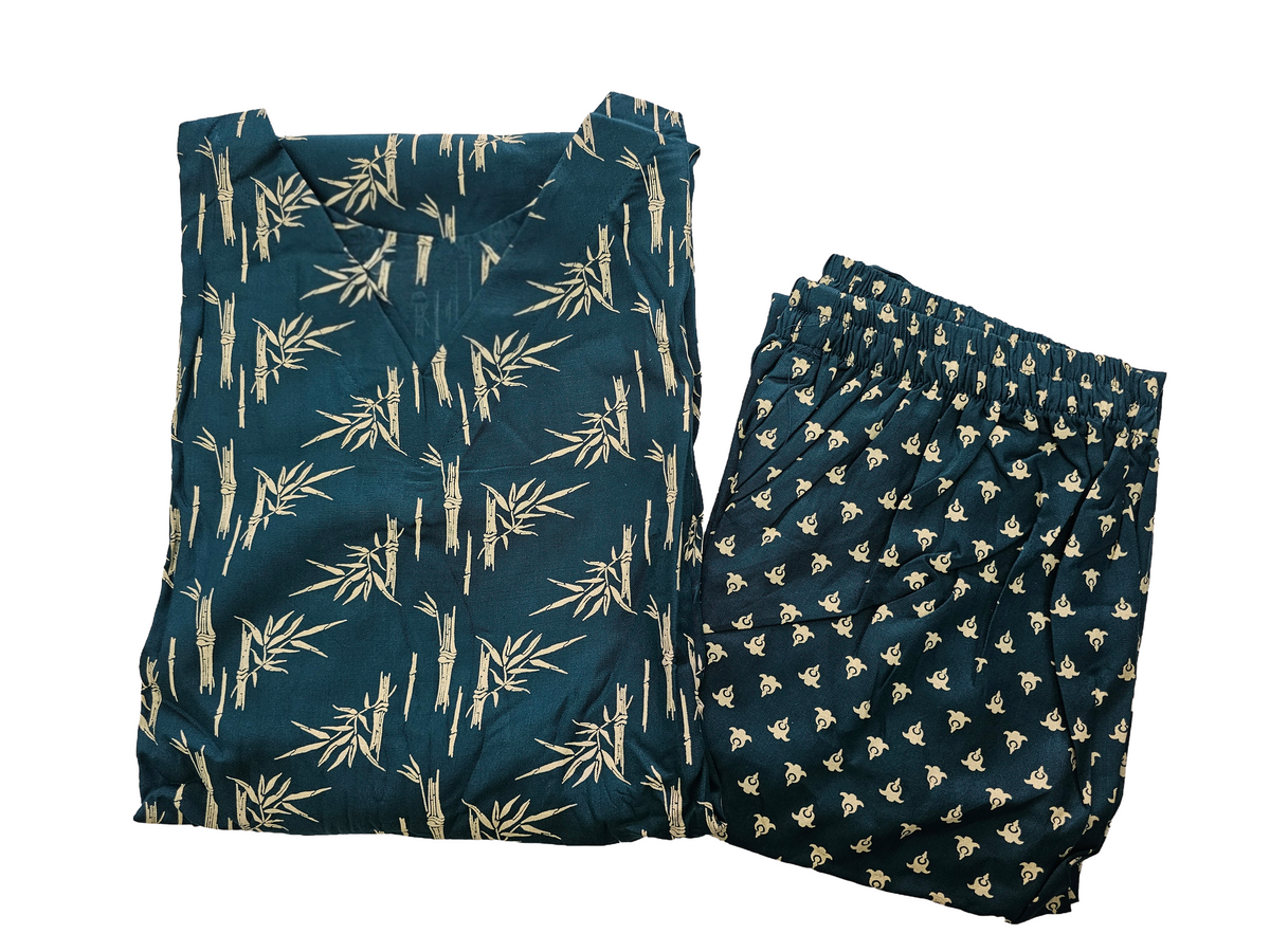 Women’s Liva Rayon Kurti & Pant Set | Daily Wear | Rama green leafy top with pant
