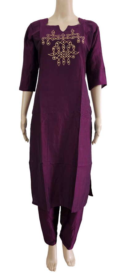Women kurti with pant | Straight cut | Burgundy maroon Rawsilk set | B4013