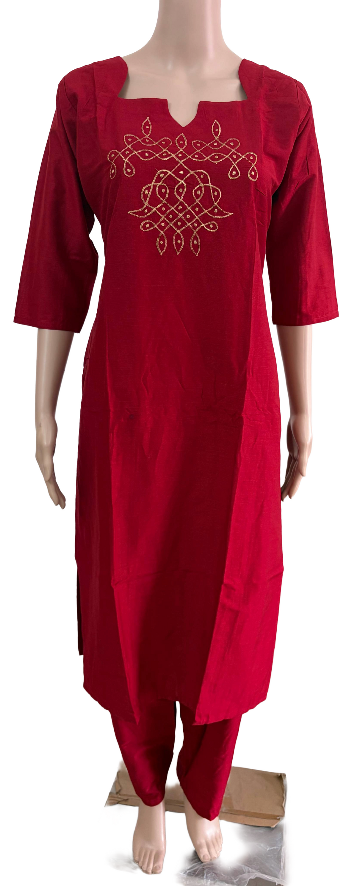 Women kurti with pant | Straight cut | Red maroon Rawsilk set | B4012