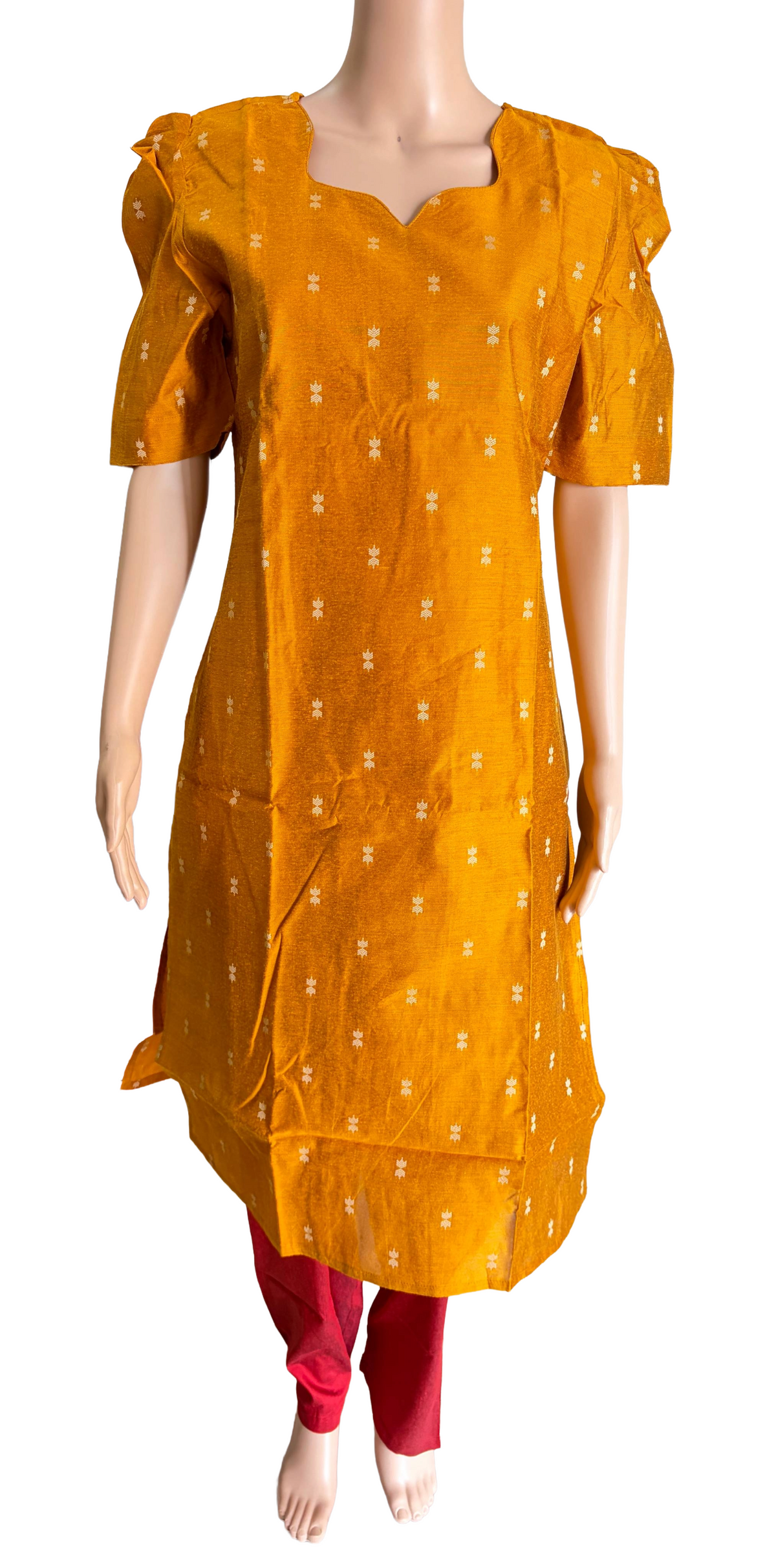 Women kurti with pant and dupatta | Straight cut Mustard with red (Neck pattern 2) l silkcotton