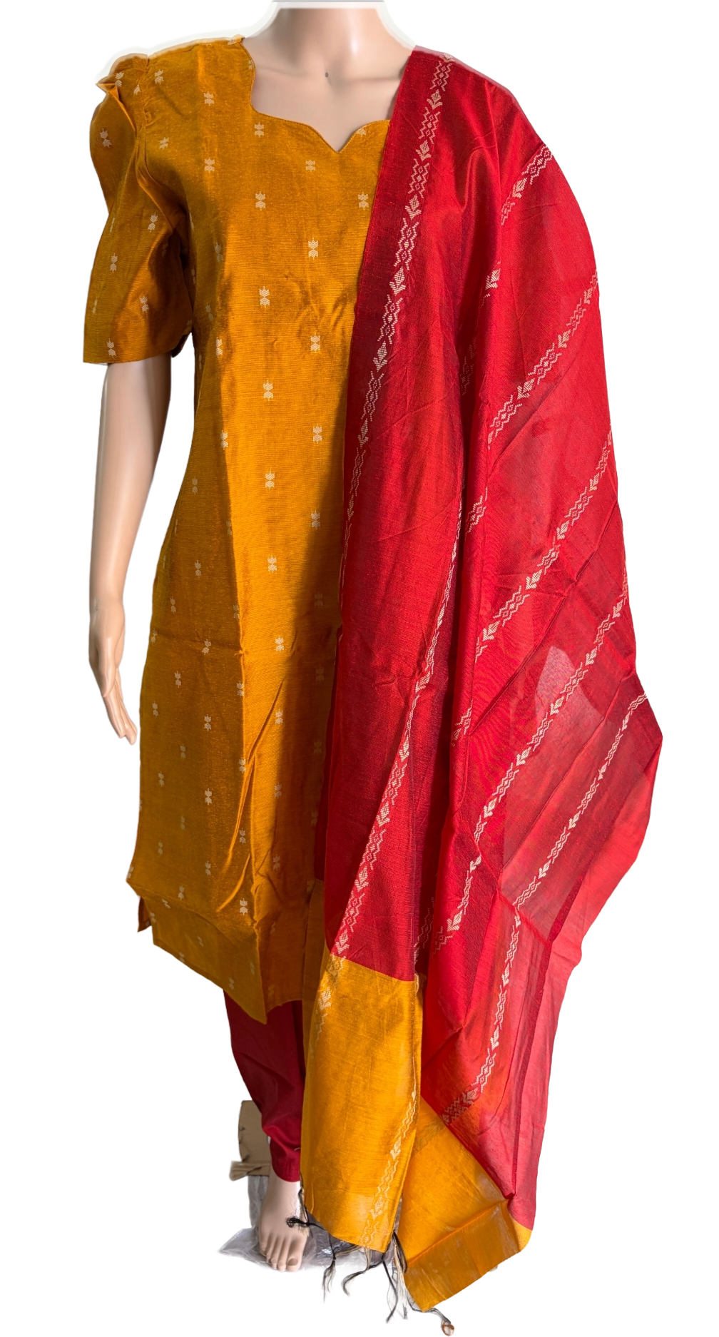 Women kurti with pant and dupatta | Straight cut Mustard with red (Neck pattern 2) l silkcotton