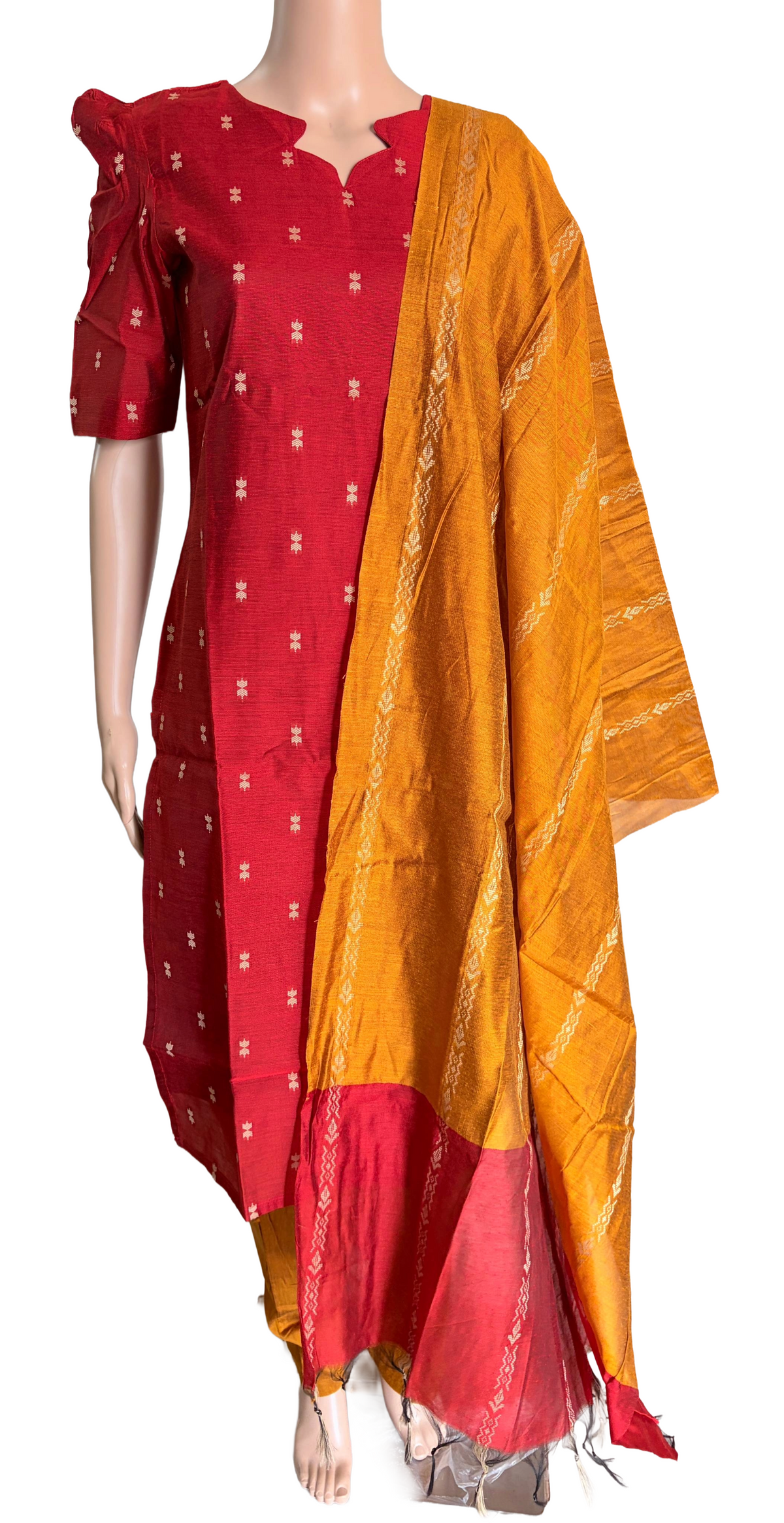 Women kurti with pant and dupatta | Straight cut Red with Mustard (Neck pattern 1) l silkcotton