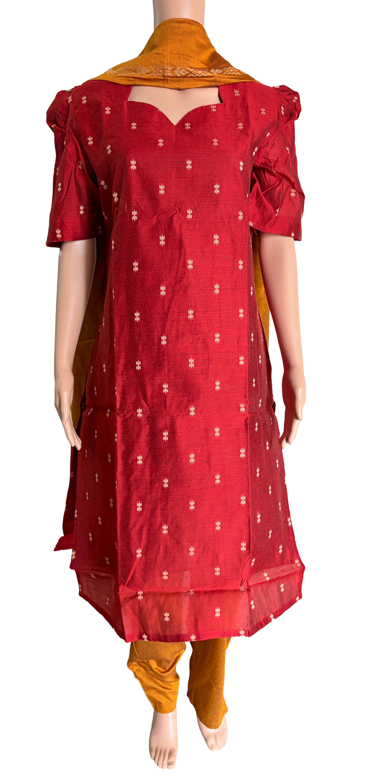 Women kurti with pant and dupatta | Straight cut Red with Mustard (Neck pattern 2) l silkcotton