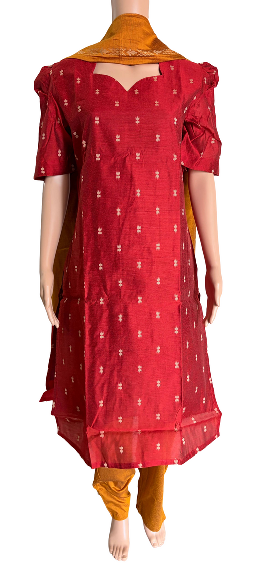 Women kurti with pant and dupatta | Straight cut Red with Mustard (Neck pattern 2) l silkcotton