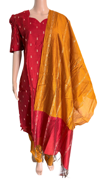 Women kurti with pant and dupatta | Straight cut Red with Mustard (Neck pattern 2) l silkcotton