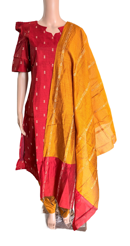 Women kurti with pant and dupatta | Straight cut Red with Mustard (Neck pattern 4) l silkcotton