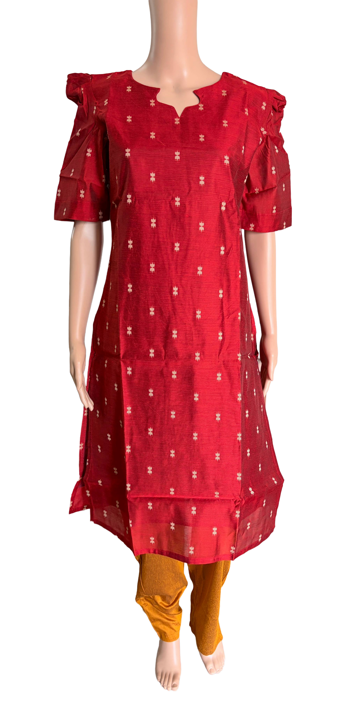 Women kurti with pant and dupatta | Straight cut Red with Mustard (Neck pattern 1) l silkcotton