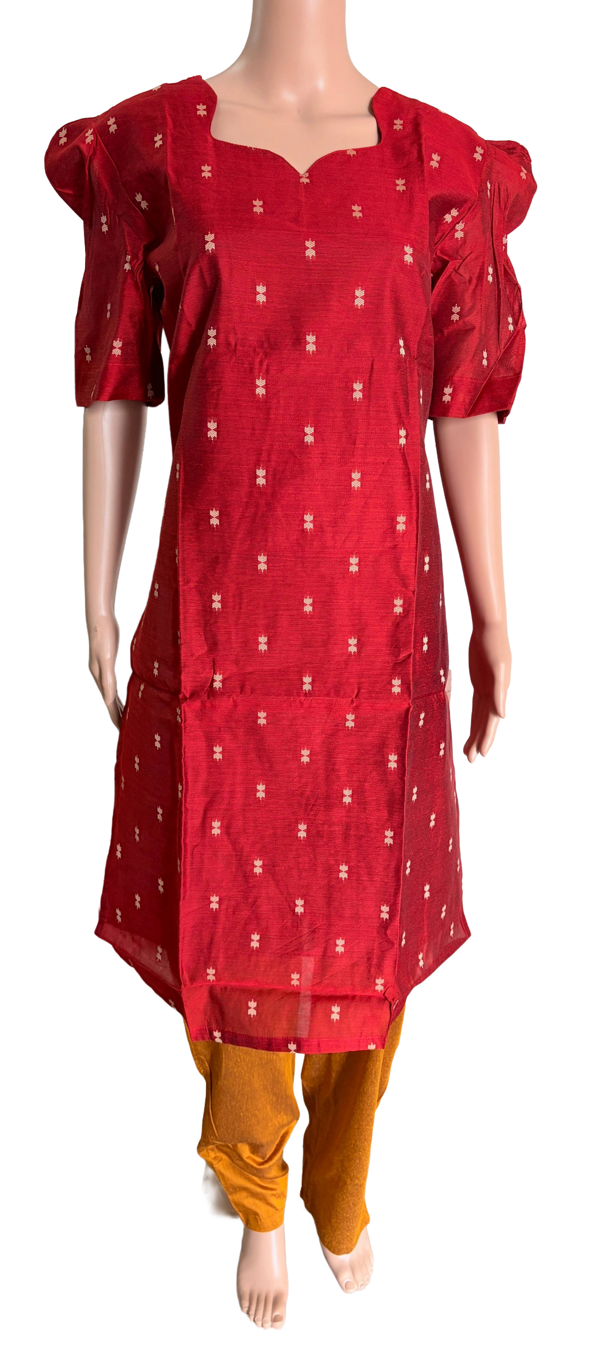 Women kurti with pant and dupatta | Straight cut Red with Mustard (Neck pattern 2) l silkcotton