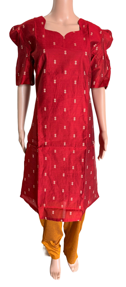 Women kurti with pant and dupatta | Straight cut Red with Mustard (Neck pattern 3) l silkcotton